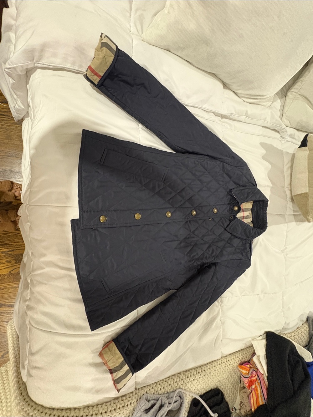 Burberry Navy Quilted Utility Jacket with Heritage Check Trim